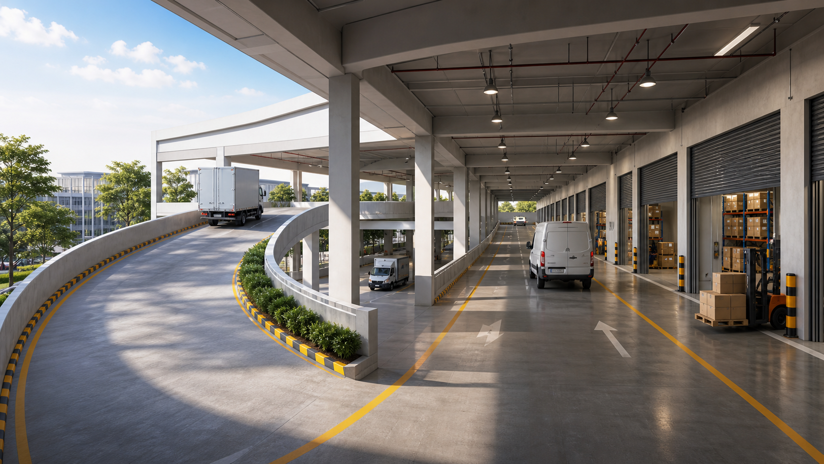 Original visual of an internal ramp and loading deck in a ramp-up factory