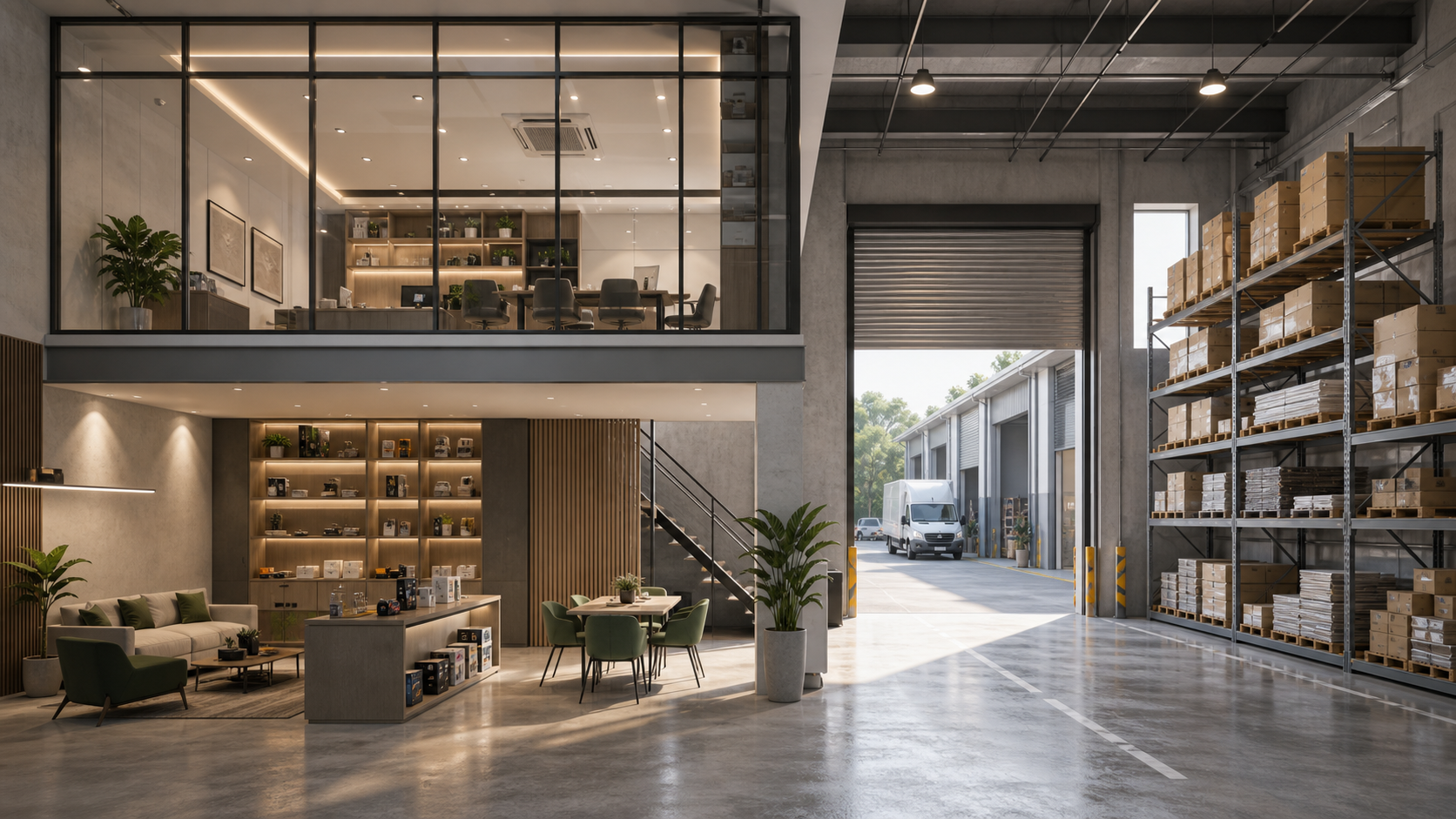 Original visual of a showroom office and factory unit interior